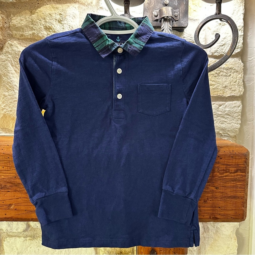 Crewcuts Navy Blue Long Sleeve Polo Shirt W/Green & Blue Collar Boys size 6-7